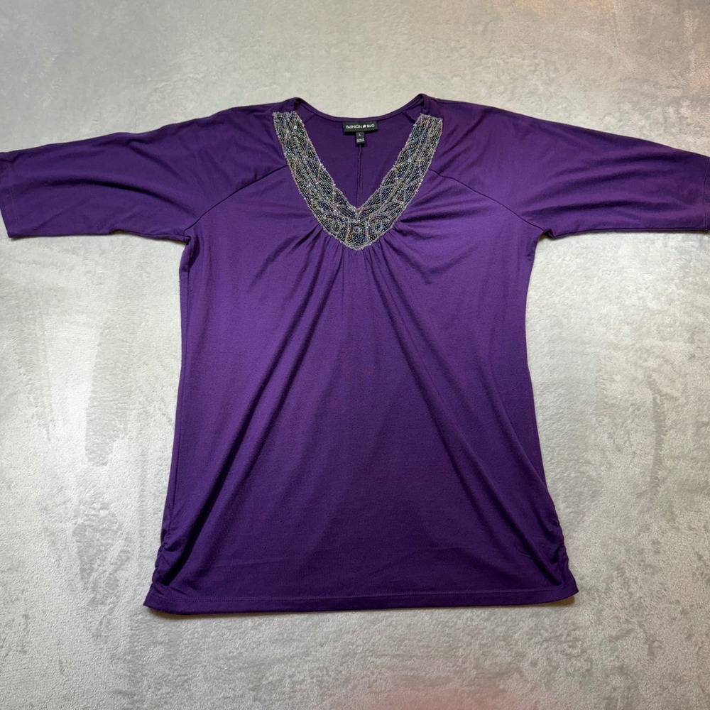 Vintage Fashion BugPurple Beaded V-Neck Tunic 3/4 Sleeve Ruched Side Y2K Boho